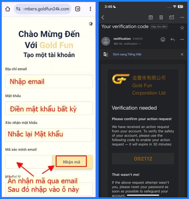Điền các thông tin vào form đăng ký sàn goldfun